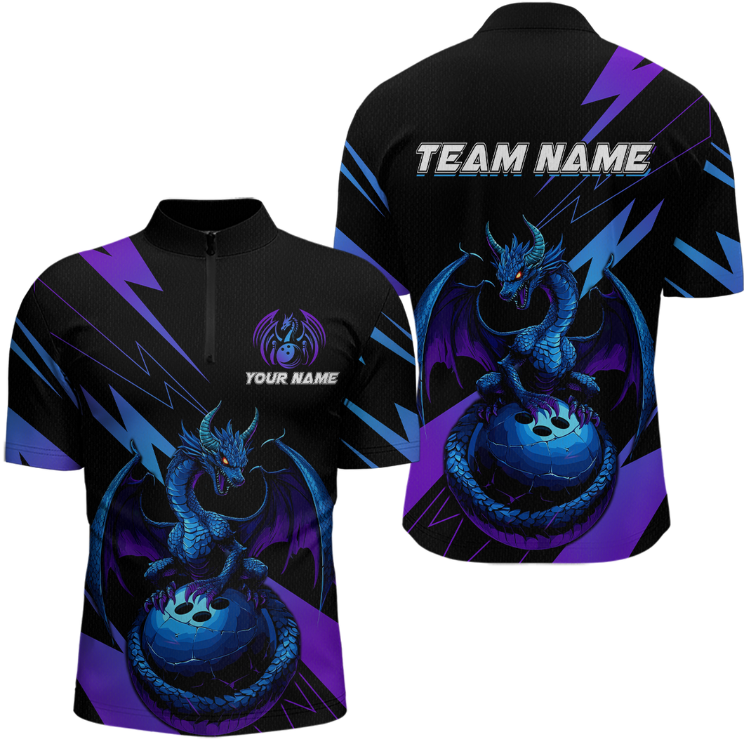 Teal And Purple Dragon Bowling Shirt Custom Name Bowling Jersey Team Bowling Quarter-Zip Shirts QZT674