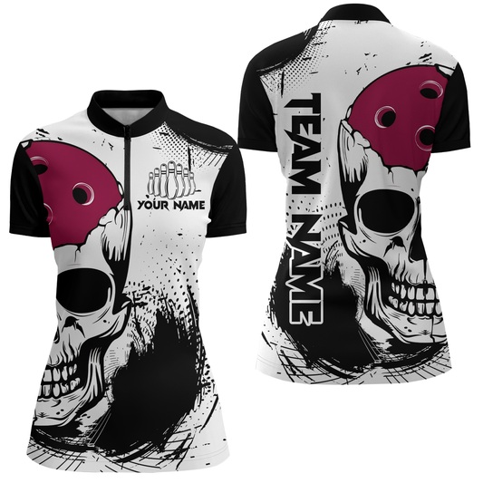 Personalized Bowling Shirt Skull Bowling Team Jersey Quarter-Zip Shirt for Women QZT275