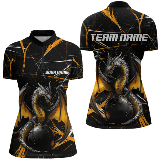 Black & Gold Dragon Bowling Shirt Custom Quarter-Zip Bowling Jersey for Men Women QZT682