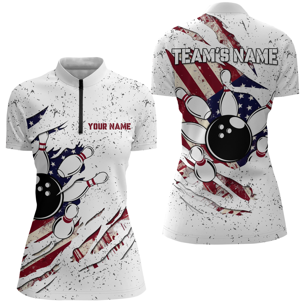 American Flag Bowling Shirt for Women Custom Bowling Team Jersey 1/4 Zip Shirt QZT122