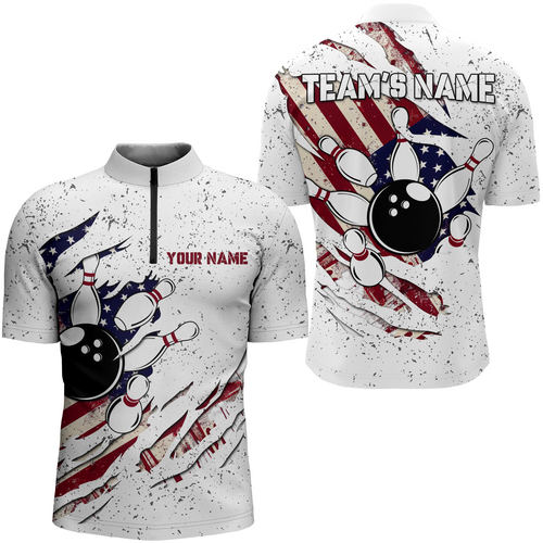 American Flag Bowling Shirt for Men Custom Bowling Team Jersey 1/4 Zip Shirt QZT122