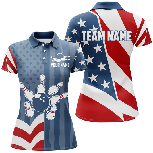 Patriotic Bowling Shirt for Women Custom US Bowling Shirt Polo Bowling Jersey Gifts for Bowlers QZT297