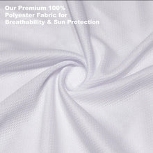 Load image into Gallery viewer, Close-up of white fabric with text about premium 100% polyester fabric for breathability and sun protection.