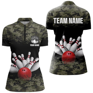 Green Camo Bowling Shirts Unisex Custom Bowling Jersey For Men Women 1/4 Zip Bowling Team Shirt BDT596