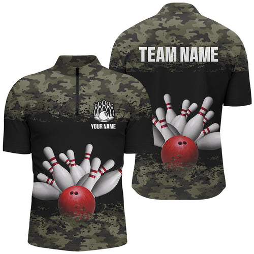 Green Camo Bowling Shirts Unisex Custom Bowling Jersey For Men Women 1/4 Zip Bowling Team Shirt BDT596