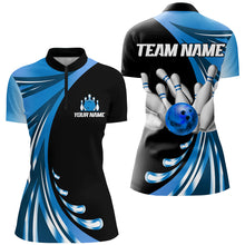 Load image into Gallery viewer, Personalized Blue Bowling Team Jersey For Men &amp; Women Custom Quarter Zip Bowling Shirt BDT457