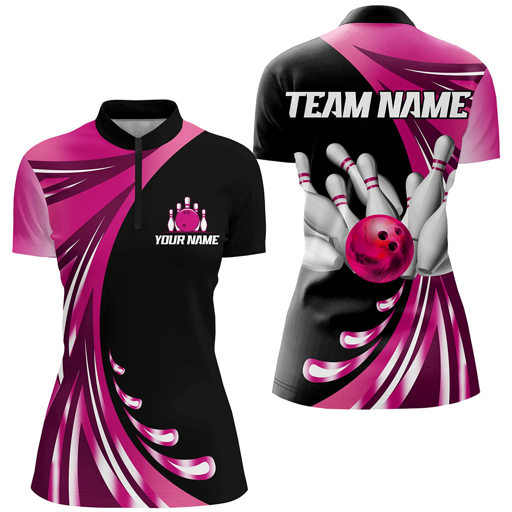 Personalized Pink Bowling Team Jersey For Men & Women Custom Quarter Zip Bowling Shirt BDT457