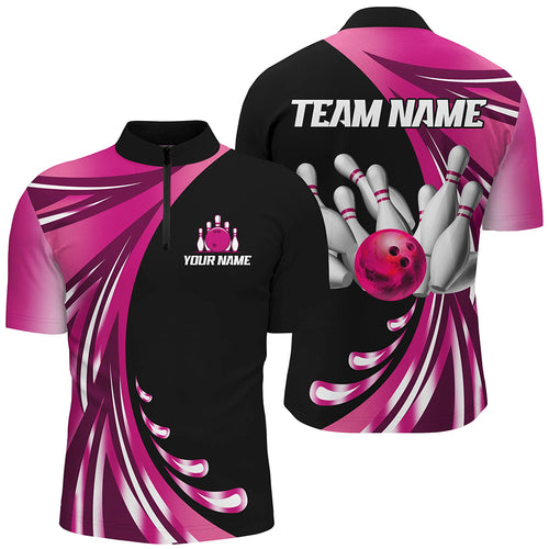 Personalized Pink Bowling Team Jersey For Men & Women Custom Quarter Zip Bowling Shirt BDT457