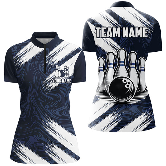 Navy&White Bowling Shirt For Men & Women Custom Bowling Team Jersey 1/4 Zip Bowling Shirt Unisex BDT580
