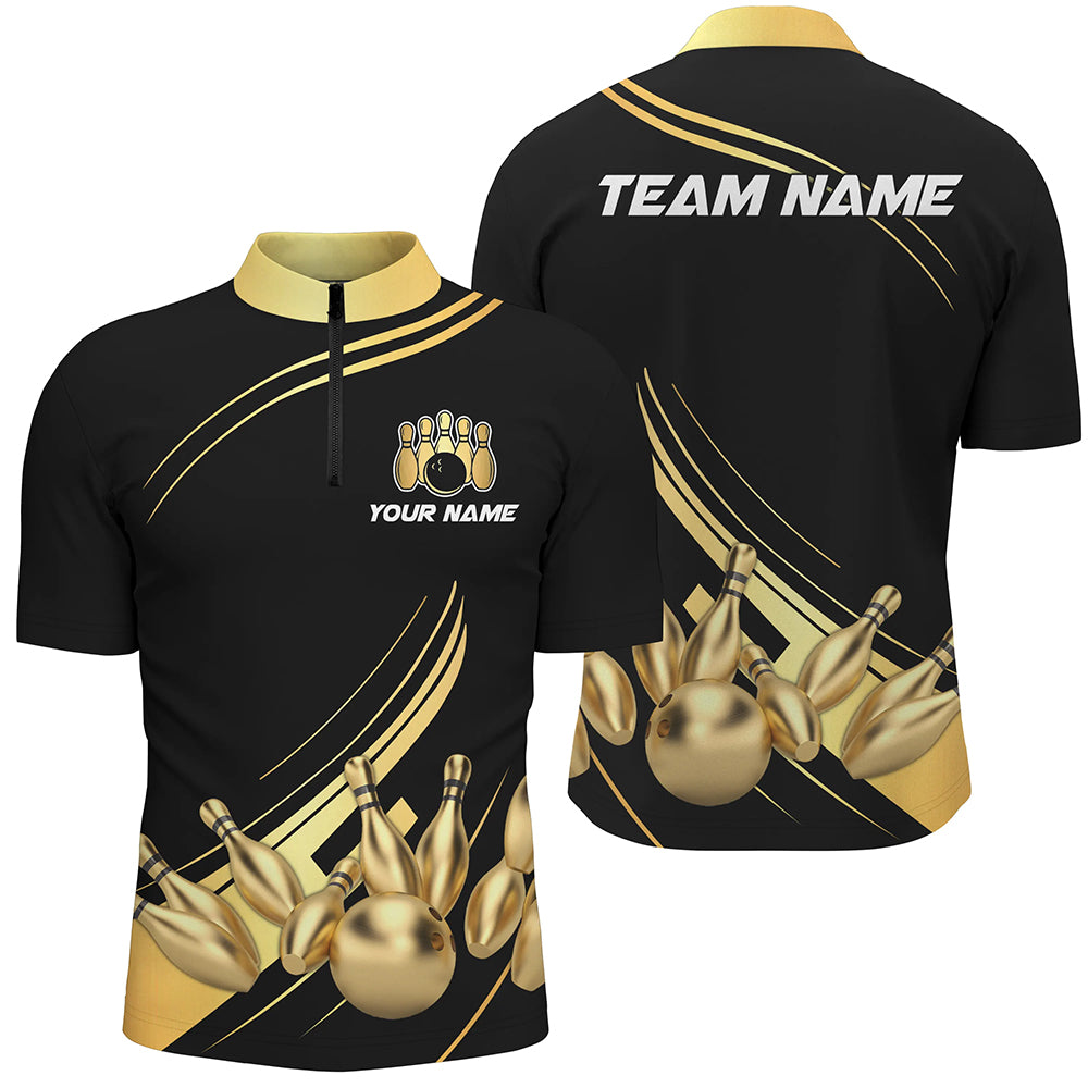 Custom Black&Gold Bowling Shirts Team Bowling Jersey Men And Women Quarter-Zip BDT521
