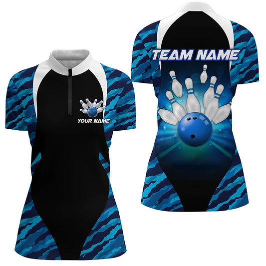 Blue Camo Bowling Shirts Men Women Bowling Jersey Unisex Custom 1/4 Zip Bowling Team Shirt BDT597
