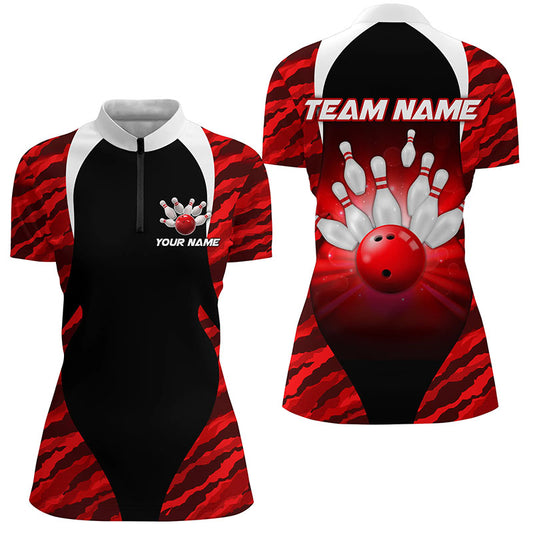 Red Camo Bowling Shirts Men Women Bowling Jersey Unisex Custom 1/4 Zip Bowling Team Shirt BDT597