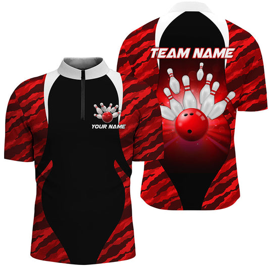 Red Camo Bowling Shirts Men Women Bowling Jersey Unisex Custom 1/4 Zip Bowling Team Shirt BDT597