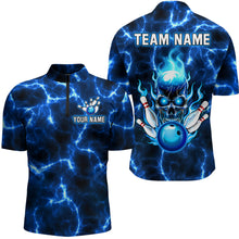 Load image into Gallery viewer, Skull Bowling Shirt For Men Women Custom 1/4 Zip Bowling Team Jersey Lightning Blue BDT494