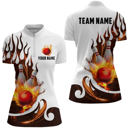 White&Orange Bowling Shirts For Men & Women Custom Flame Bowling Team Jersey Quarter-Zip BDT537