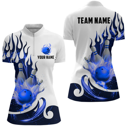 White&Blue Bowling Shirts For Men & Women Custom Flame Bowling Team Jersey Quarter-Zip BDT537