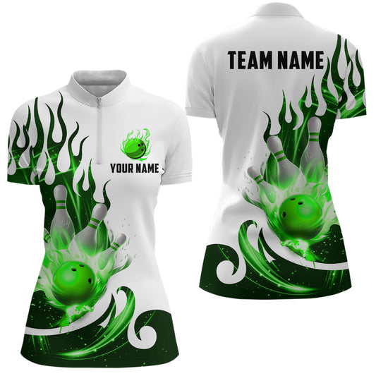 White&Green Bowling Shirts For Men & Women Custom Flame Bowling Team Jersey Quarter-Zip BDT537