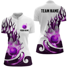 Load image into Gallery viewer, White&amp;Purple Bowling Shirts For Men &amp; Women Custom Flame Bowling Team Jersey Quarter-Zip BDT537