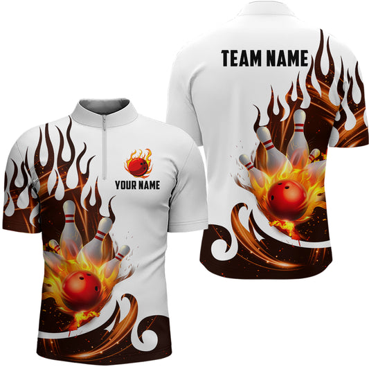 White&Orange Bowling Shirts For Men & Women Custom Flame Bowling Team Jersey Quarter-Zip BDT537