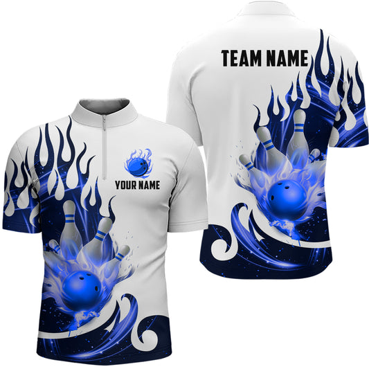 White&Blue Bowling Shirts For Men & Women Custom Flame Bowling Team Jersey Quarter-Zip BDT537