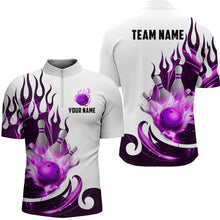 Load image into Gallery viewer, White&amp;Purple Bowling Shirts For Men &amp; Women Custom Flame Bowling Team Jersey Quarter-Zip BDT537