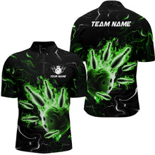 Load image into Gallery viewer, Custom Green Flames Bowling Shirt For Men &amp; Women 1/4 Zip Bowling Team Jersey Unisex BDT542