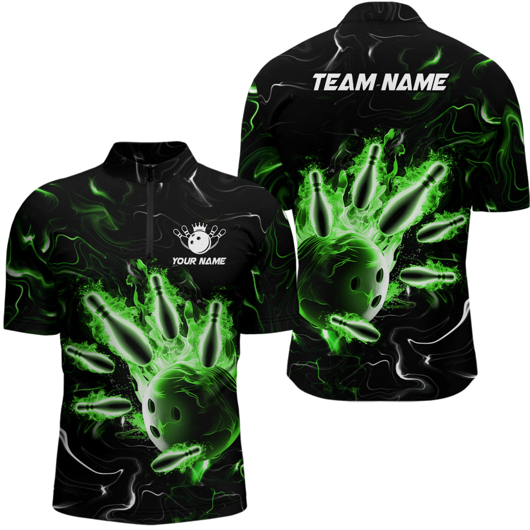 Custom Green Flames Bowling Shirt For Men & Women 1/4 Zip Bowling Team Jersey Unisex BDT542