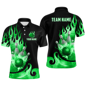 Custom Black & Green Bowling Shirts For Men & Women Flame Bowling Team Jersey Polo BDT536