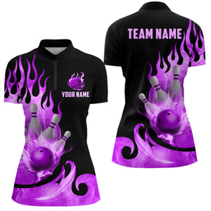 Custom Black & Purple Bowling Shirts For Men & Women Flame Bowling Team Jersey Quarter-Zip BDT536