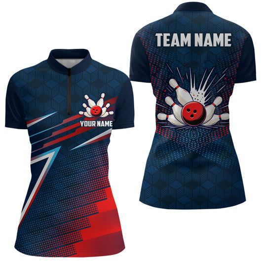 Navy&Red Bowling Shirt Unisex Custom Bowling Team Jersey Men & Women 1/4 Zip Bowling Outfit BDT573