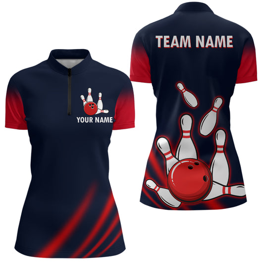 Custom Navy Bowling Shirt For Men & Women American Bowling Team Jersey 1/4 Zip Bowling Outfit BDT574