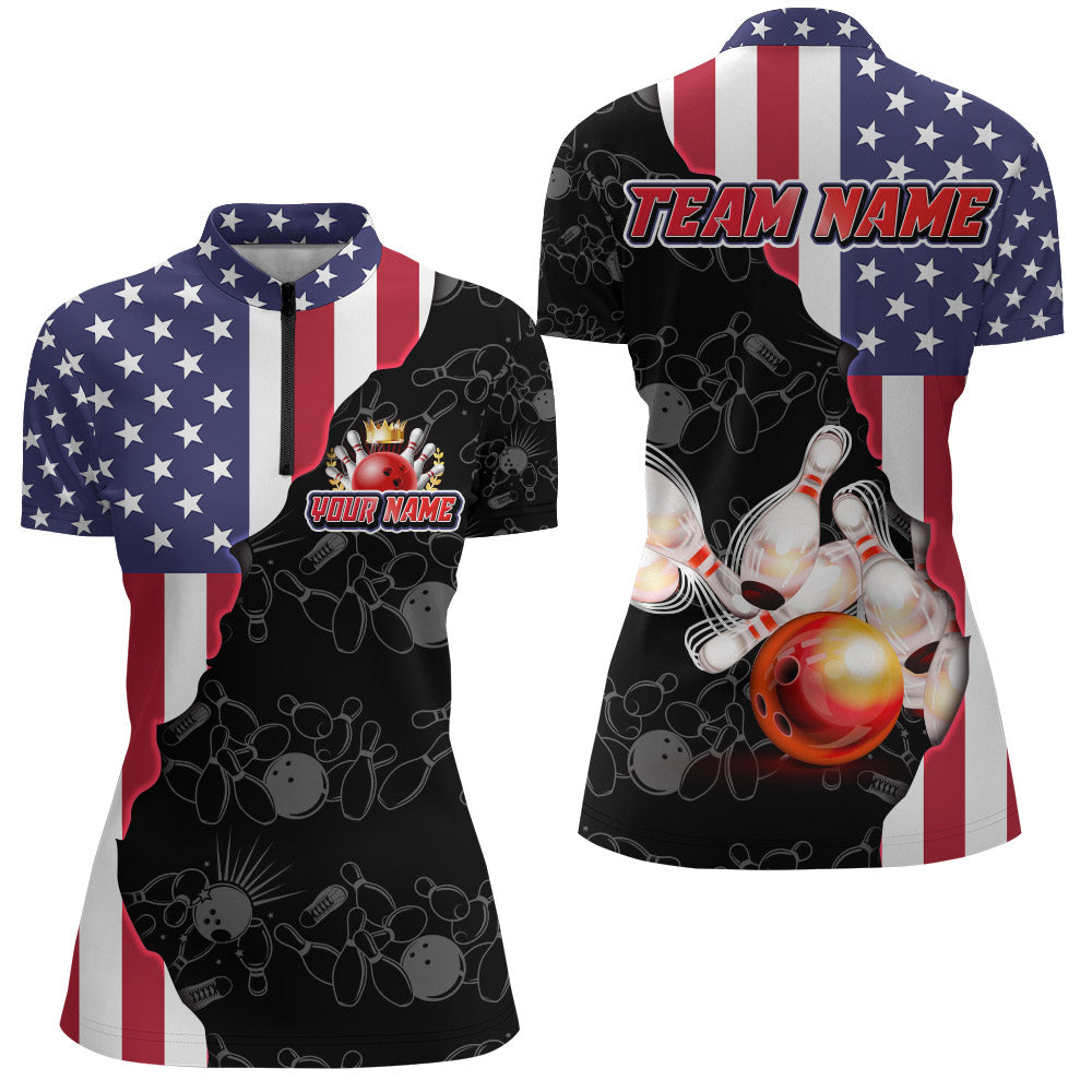 American Bowling Shirt For Women Patriotic Bowling Jersey Team League Bowling Quarter-Zip Shirt BDT313
