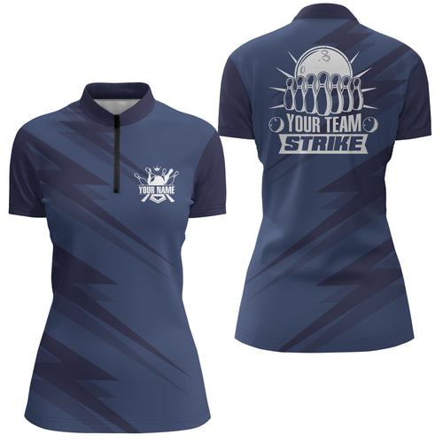 Custom Bowling Quarter-Zip Shirt For Women Blue Bowling Team League Jersey Strike Bowling Shirt BDT246