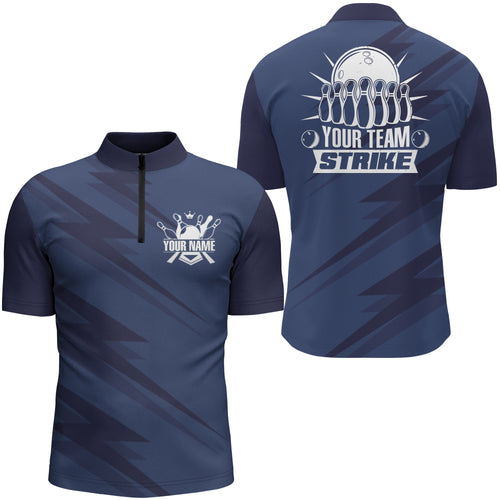 Custom Bowling Quarter-Zip Shirt For Men Blue Bowling Team League Jersey Strike Bowling Shirt BDT246