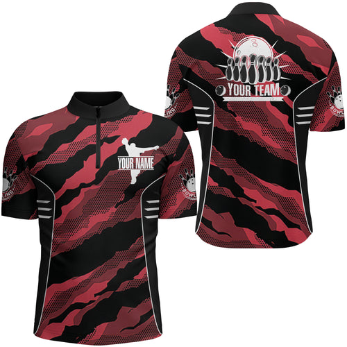 Red Camo Bowling Jersey For Men Custom Bowling Team Shirt Bowling Quarter-Zip Shirt BDT251