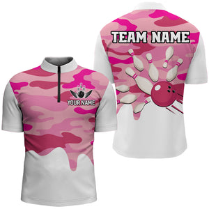 Pink Camo Bowling Jersey Men Women Bowling Team Jersey Custom Bowling 1/4 Zip Shirts Unisex BDT593