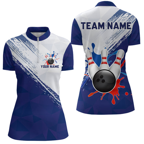 Blue Bowling Quarter-Zip Shirts For Women Retro Bowling Jersey Custom Bowling Team League Shirts BDT203