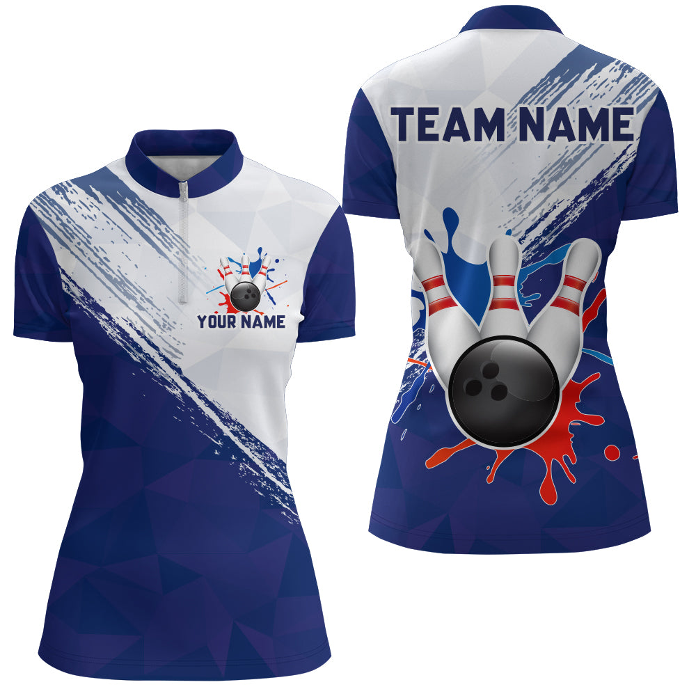 Blue Bowling Quarter-Zip Shirts For Women Retro Bowling Jersey Custom Bowling Team League Shirts BDT203