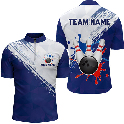 Blue Bowling Quarter-Zip Shirts For Men Retro Bowling Jersey Custom Bowling Team League Shirts BDT202