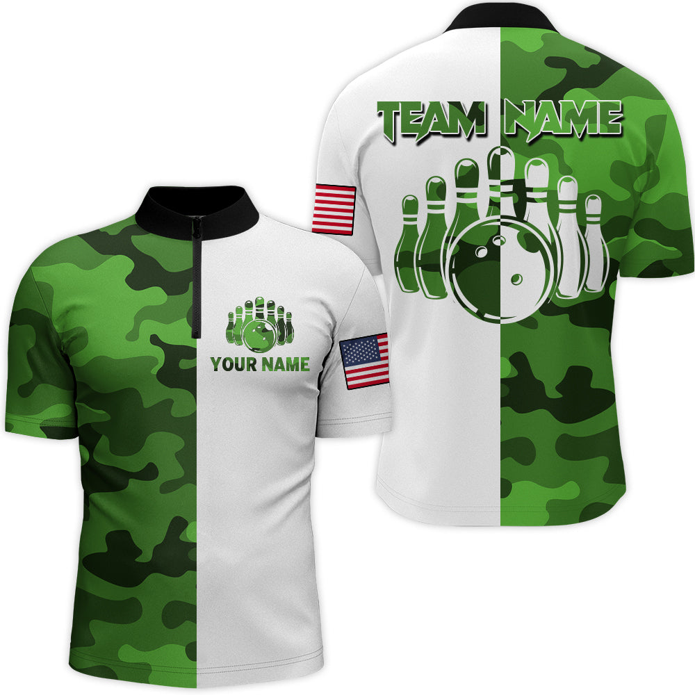 Custom Bowling Jersey Men And Women Green Camo Bowling Shirts Uniform Quarter-Zip BDT599