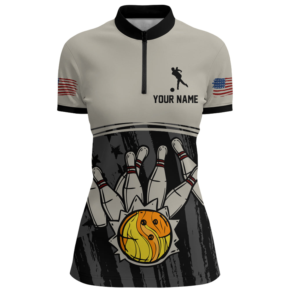 American Flag Bowling Jersey Women Patriotic Bowling Shirt Team League Bowling Quarter-Zip Shirt BDT310
