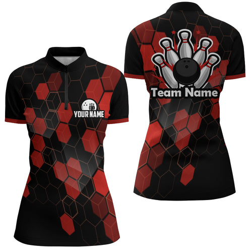 Black&Red Bowling Jersey Women Bowling Team League Shirt Custom Bowling Quarter-Zip Shirt BDT315