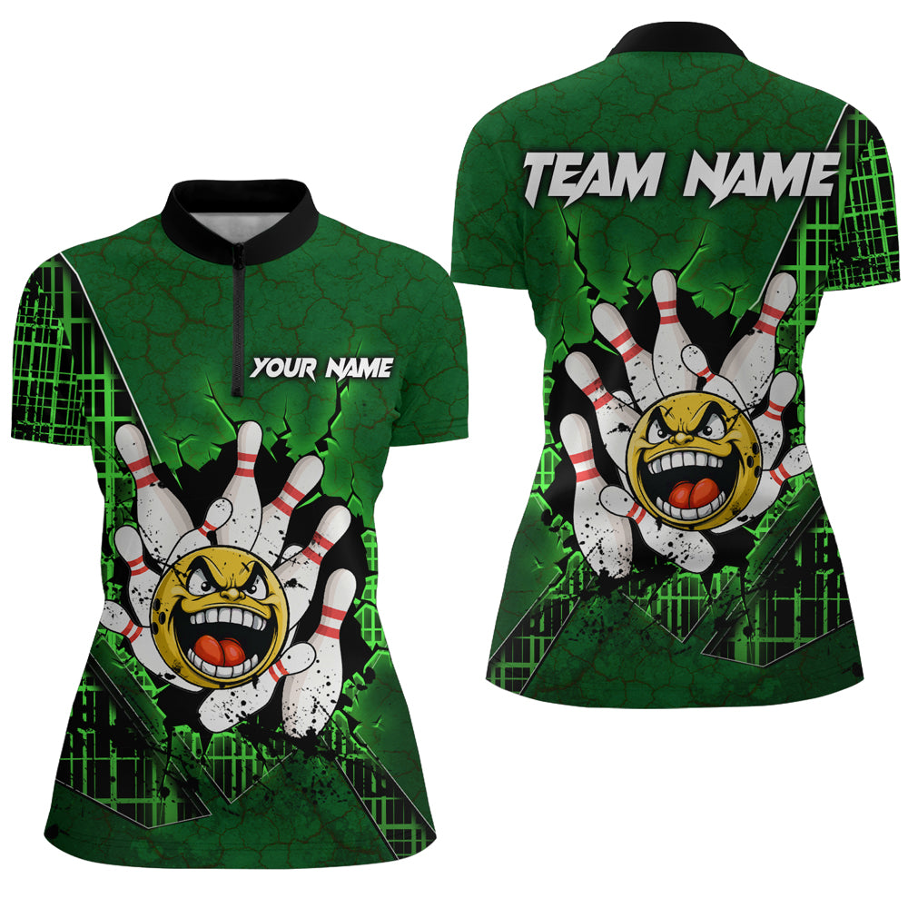 Funny Green Bowling Shirts Men Women Custom Bowling Team Jersey Unisex Bowler Gift Quarter-Zip BDT489
