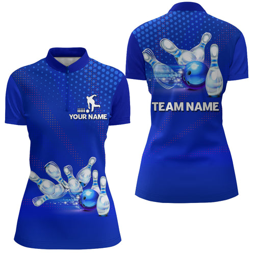 Blue Bowling Quarter-Zip Shirts For Women 3D Bowling Team League Jersey Custom Bowling Shirts BDT243