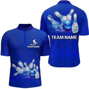 Blue Bowling Quarter-Zip Shirts For Men 3D Bowling Team League Jersey Custom Bowling Shirts BDT242