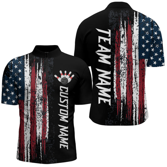 Custom American Flag Bowling Shirts for Men & Women Patriotic 1/4 Zip Bowling Team Jersey BDT473