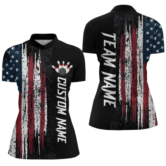 Custom American Flag Bowling Shirts for Men & Women Patriotic 1/4 Zip Bowling Team Jersey BDT473