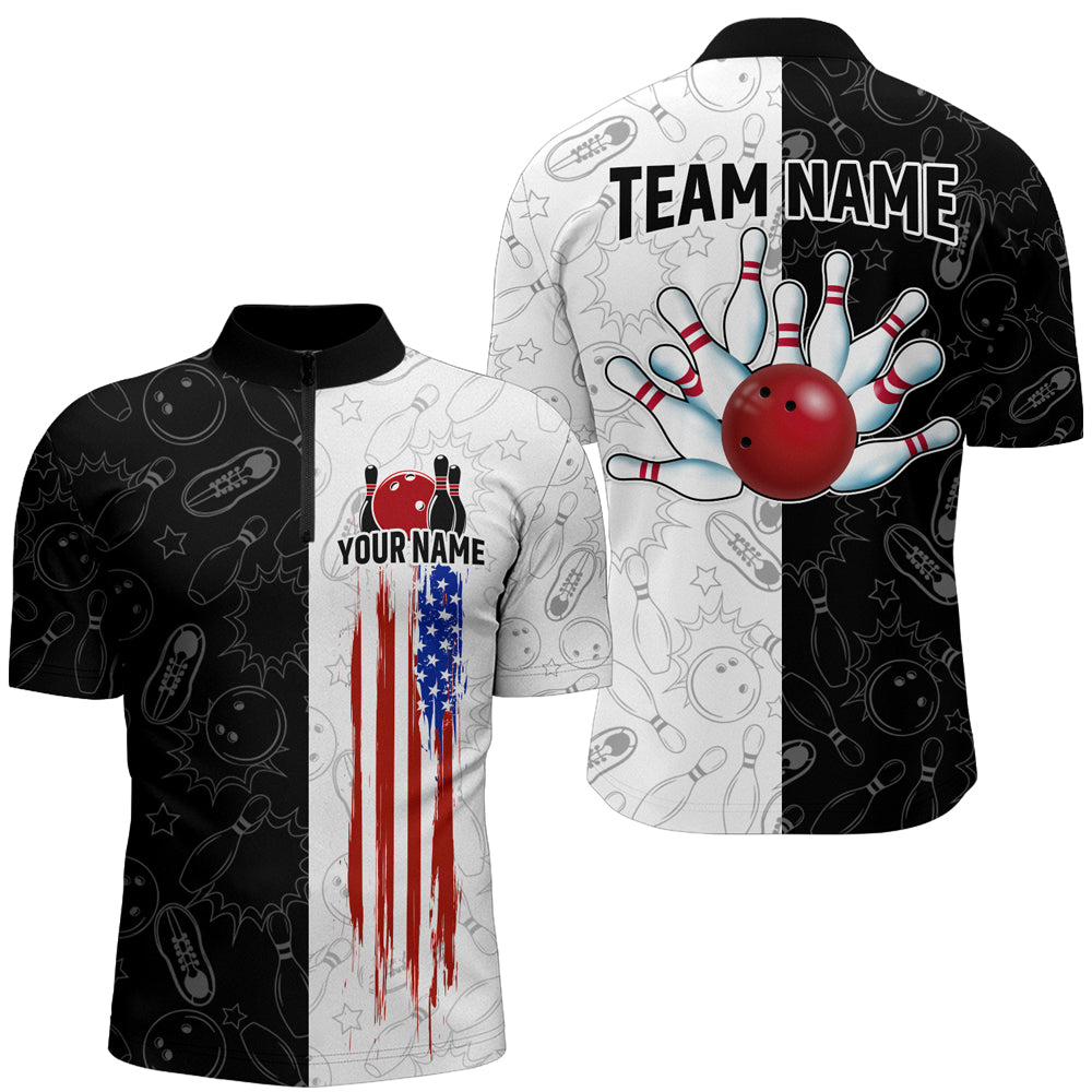 Black&White Bowling Shirt Men & Women Custom Patriotic Bowling Team Jersey Bowling 1/4 Zip BDT561