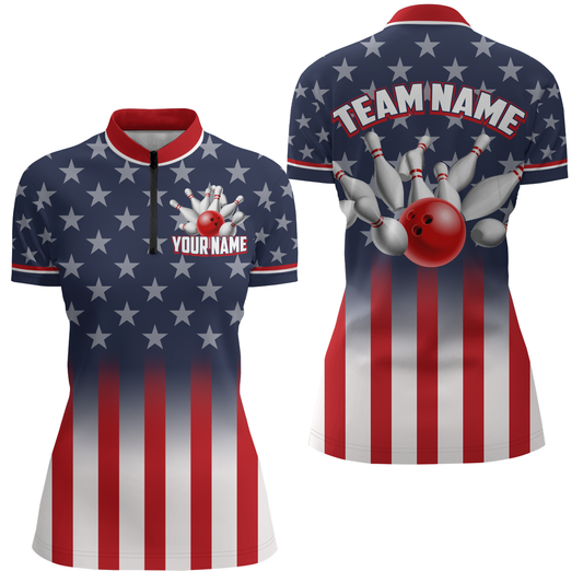 Custom American Flag Bowling Shirt For Men & Women 1/4 Bowling Team Jersey Patriotic BDT480