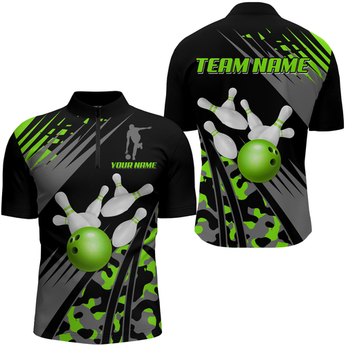 Custom Bowling Jerseys Men Women Bowling Shirt Green Camo Bowling Team Shirt Quarter-Zip BDT595